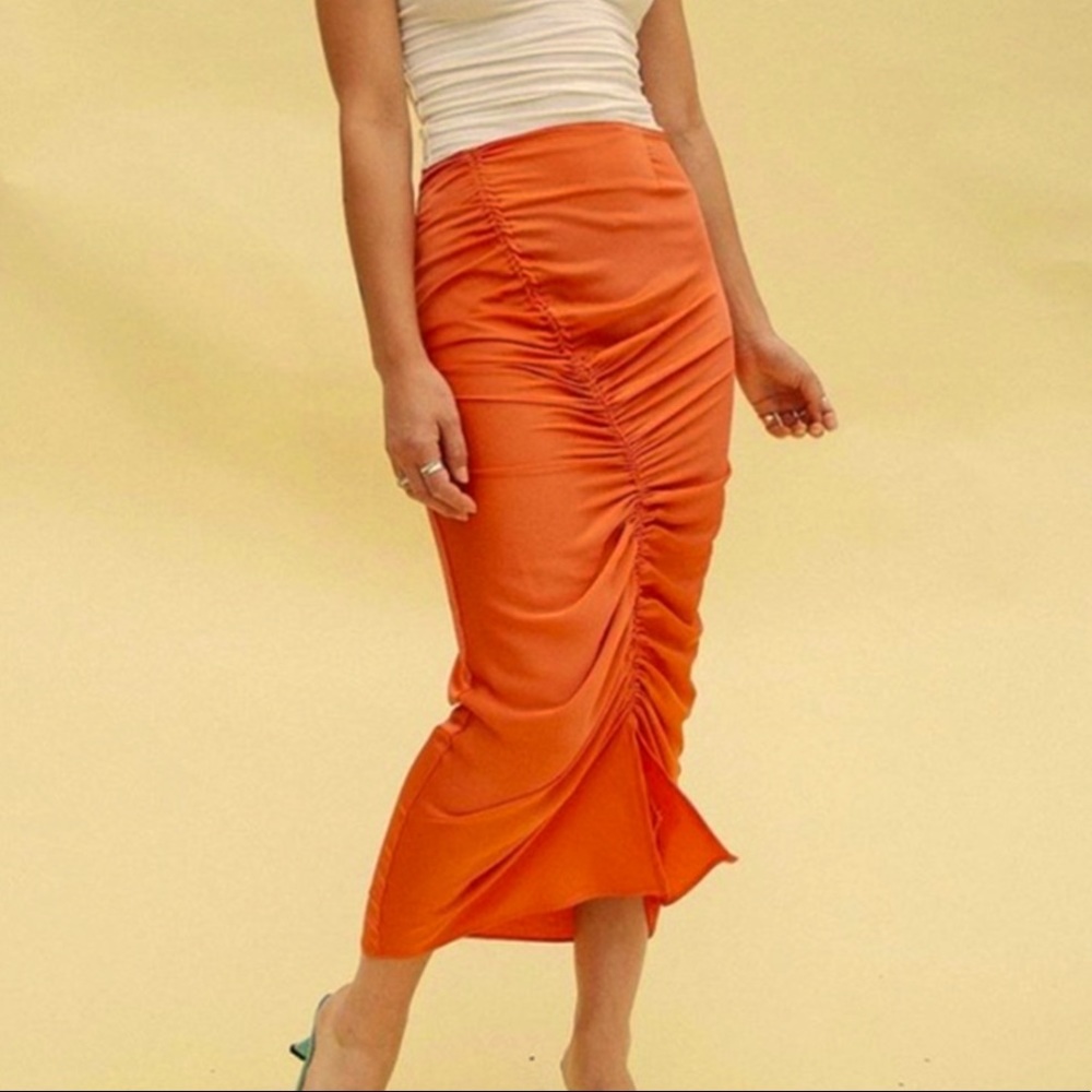 🆕THE LINE BY K ORANGE SISILIA ADJUSTABLE LENGTH MIDI SKIRT ASYMMETRICAL RUCHING - Picture 1 of 9
